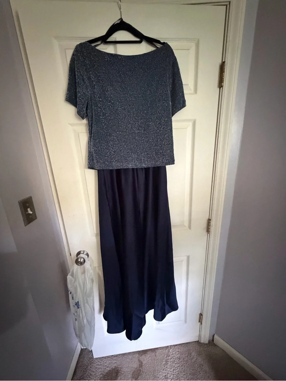 Arianna by Rafaella Navy Shimmer Top & Satin Maxi Skirt